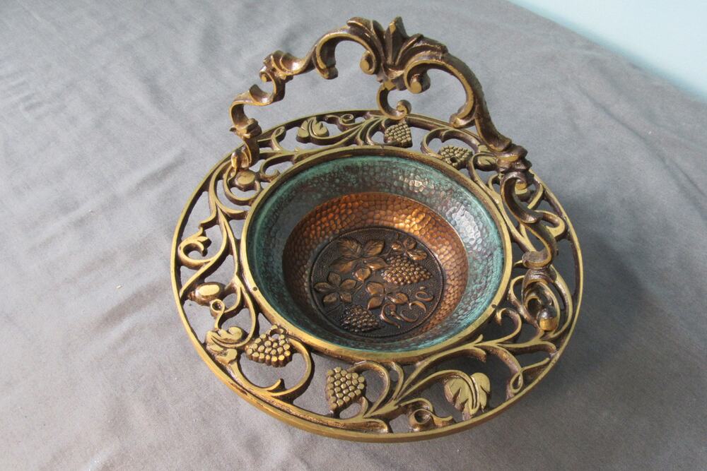 Vtg Brass Oppenheim Green Enameled Basket With Handle Bowl Dish Made in Israel